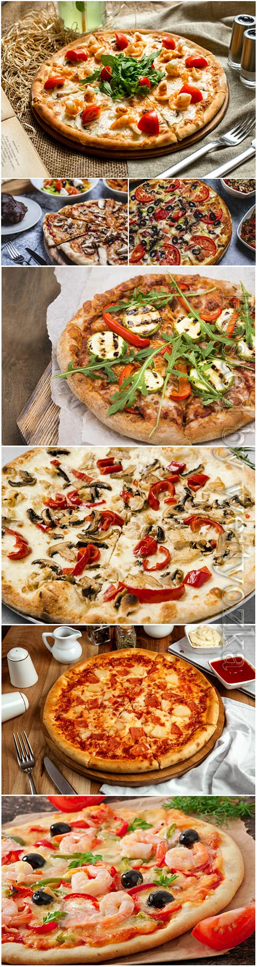 Pizza with meat, seafood, mushrooms and vegetables stock photo