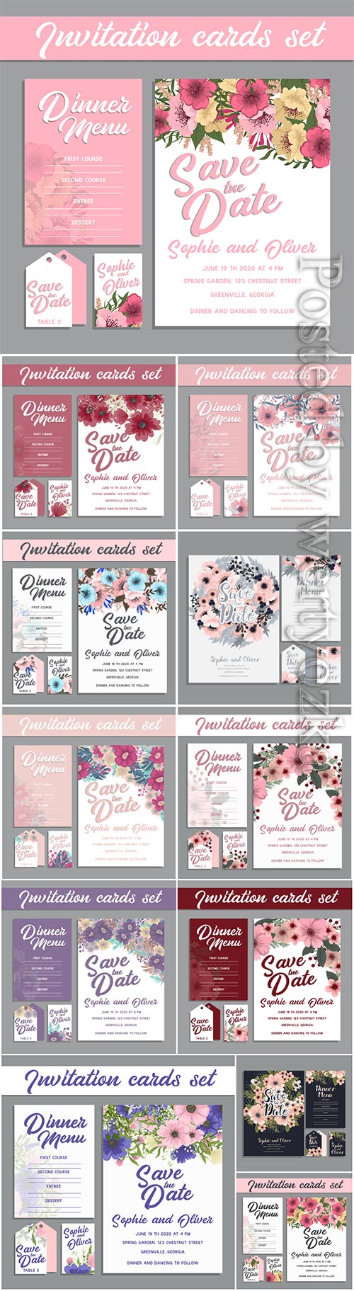 Wedding invitation card suite with flowers, template vector illustration