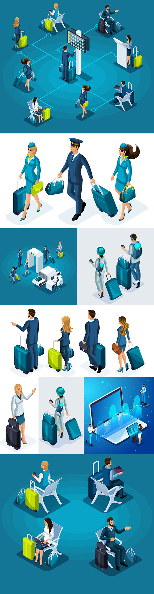 Girl and man at airport with suitcases isometric illustrations
